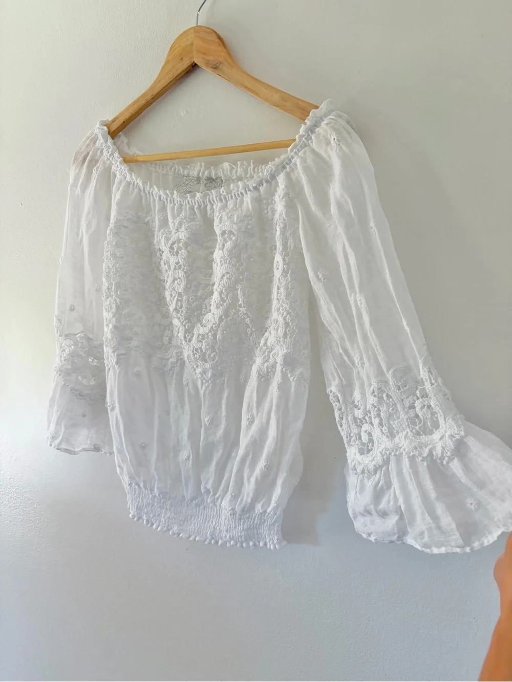 Temptations‎ Positano White Linen Off The Shoulder Crochet Lace Boho Peasant Top